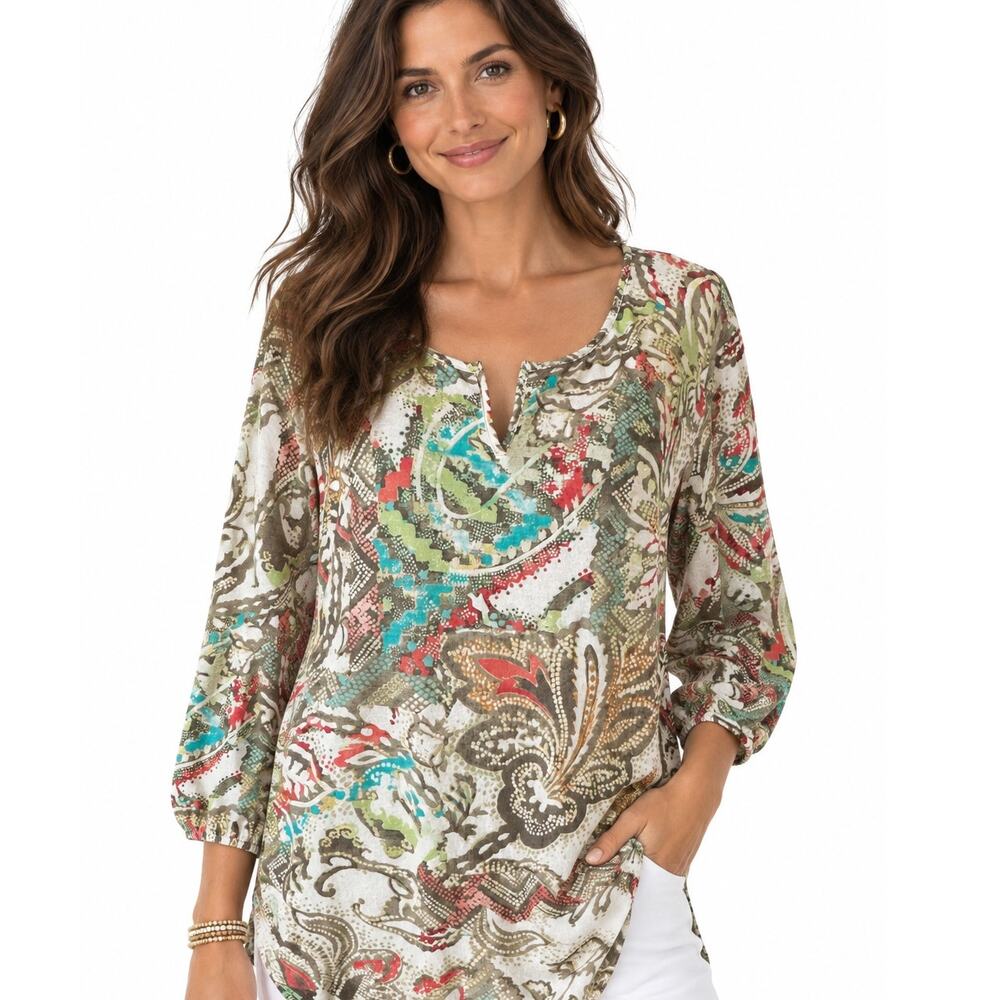 Chicos Paisley Knit Top Size 3 (Womens XL) Multicolor Split Neck Stretch Tee